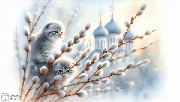 Нежные котята на ветвях ивы в лучах солнца над церковью. Картинка из нейронной сети Dalle