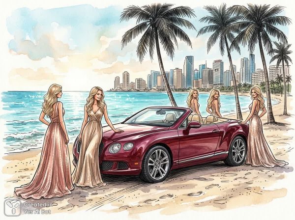 Роскошные женщины и автомобиль на фоне океанского города: воплощение элегантности и безмятежности. Нейросеть Nano-Banana