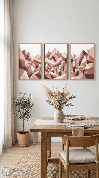 Минималистичная геометрия гор и города в пастельных тонах для скандинавского интерьера. Изображение из нейросети Nano-Banana