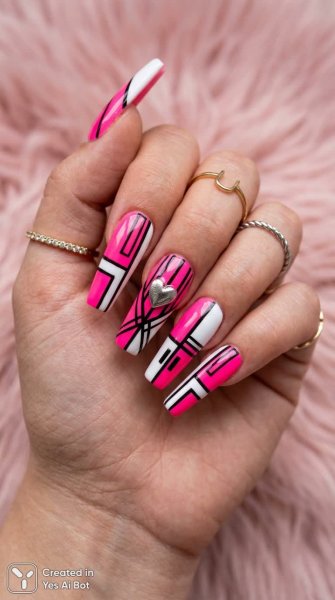 Яркий неоновый маникюр с геометрией и сердцем: современный стиль для длинных ногтей балерина. Картинка из нейронной сети Нано Банана