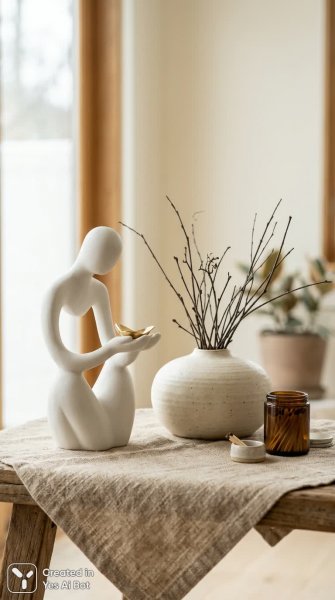 Изысканная композиция: скульптура, ваза и золотые акценты в спокойном стиле. Изображение из нейронной сети Nano-Banana