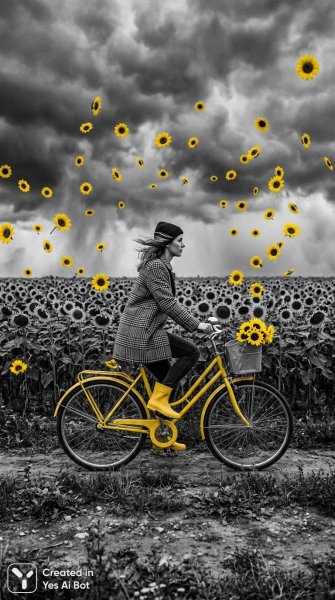 Поле подсолнухов и велосипед в бурю: сюрреалистическая черно-белая фотография. Генерация из нейросети Nano Banana