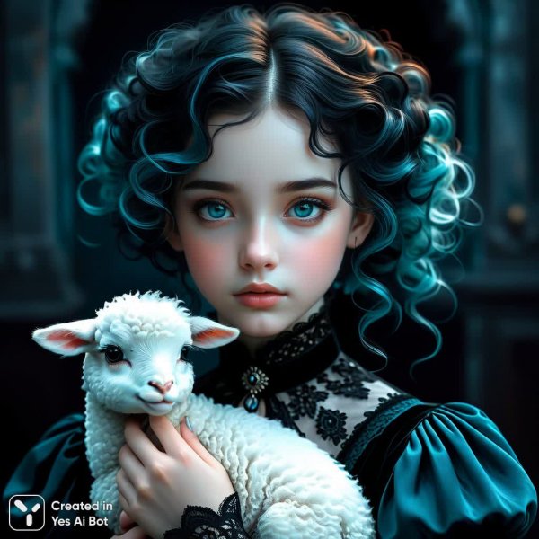 Девушка с овцой: готическая цифровая иллюстрация в стиле темного фэнтези. Изображение из нейросети Stable Diffusion