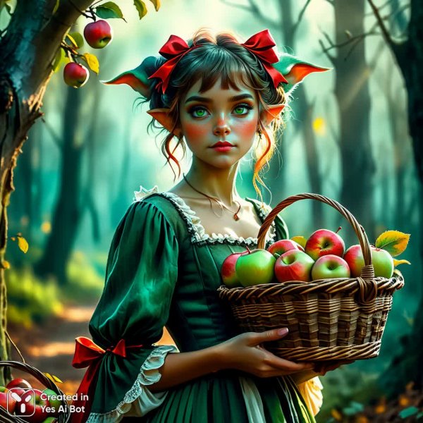 Очаровательная гоблинша с яблоками в лесу. Генерация из нейронной сети Stable Diffusion