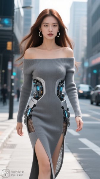 Элегантная уличная мода: стильный образ с сетчатыми вставками и высоким разрезом. Изображение из нейросети Qwen Ai Images