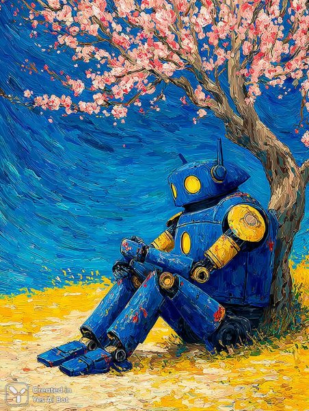 Самурайский робот под цветущей сакурой в стиле Ван Гога. Картинка из нейронной сети Миджорни