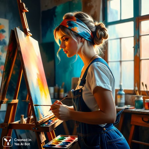 Художница в комбинезоне: творческий процесс в стиле Анки Журавлевой. Изображение из нейросети Stable Diffusion