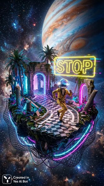 Сюрреалистичный коллаж: руины, планета и неон в цифровом мире. Изображение из нейронной сети Nano Banana