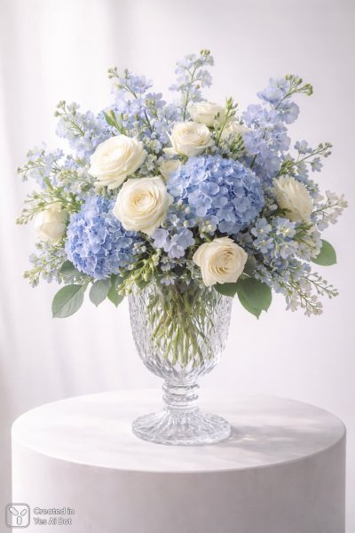 Изысканная композиция: ваза из хрусталя в современном стиле с нежными цветами. Изображение из нейросети Sora Ai Images