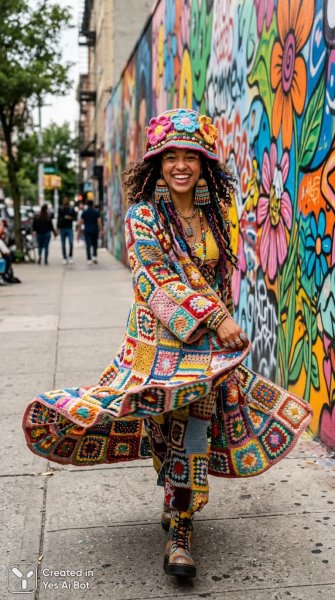 Яркая мечта: кокетливая женщина в красочном вязаном пальто и забавной шляпе на городском фоне. Нейросеть Нано Банана