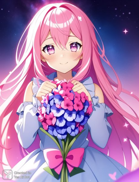 Девушка с розовыми волосами и букетом полевых цветов в звездном свете. Картинка из нейросети Stable Diffusion