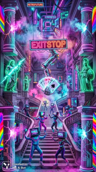 Неоновый хаос восьмидесятых: танец богов и телевизоров в дымке рейва. Нейронная сеть Nano-Banana