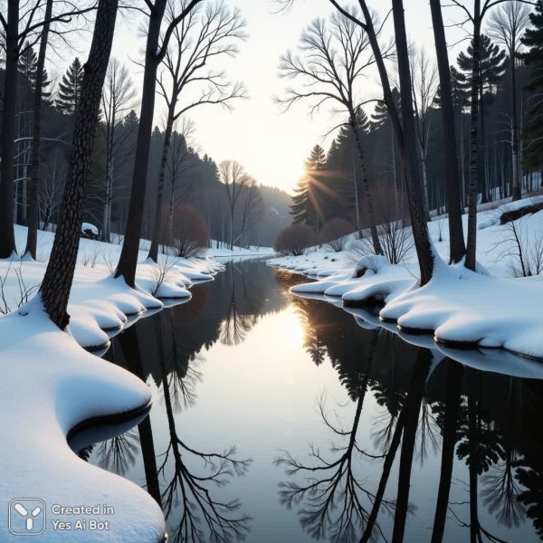 Зимнее спокойствие: отражения в замерзшей воде и тишина леса. Генерация из нейронной сети Flux 1
