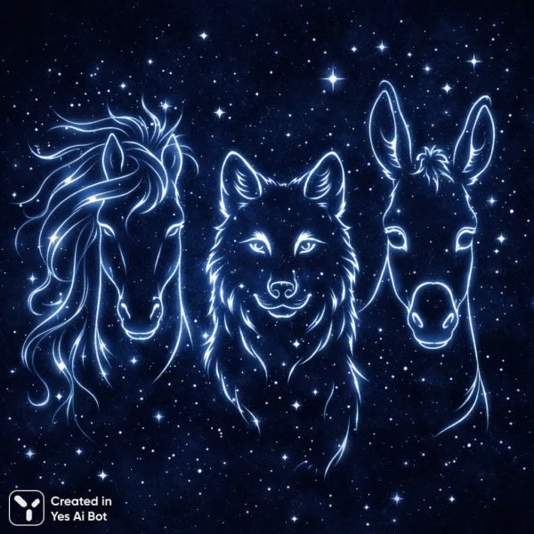 Звездное небо и три сказочных силуэта: конь, волк и осел. Картинка из нейросети Sora