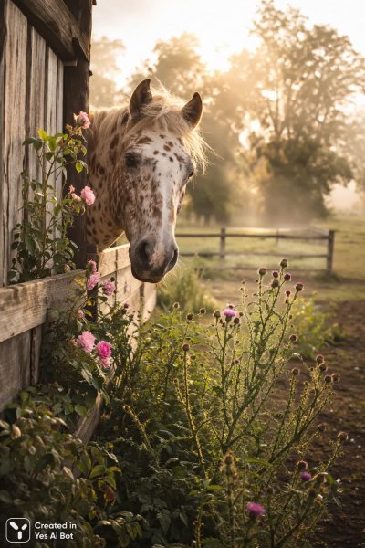 Забавная лошадка среди яблок и диких роз: анималистический шедевр лета. Изображение из нейронной сети Sora images Ai