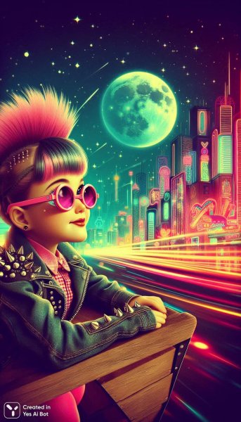 Ретро-футуристичный образ: пин-ап в неоновом городе и лунная ночь. Нейросеть Dalle 3