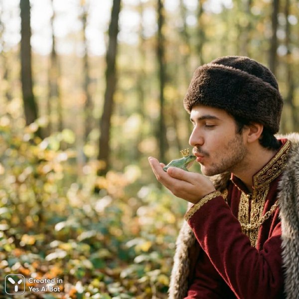 Нежная встреча: юноша и коронованная лягушка в сказочном лесу. Картинка из нейронной сети Nano-Banana