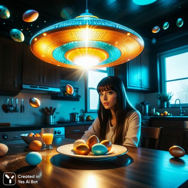 Космическая Пасха: кулич, яйца и пришельцы над столом. Генерация из нейросети Stable Diffusion