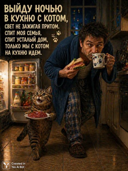 Ночная кухня: тихий вечер с пушистым компаньоном и добрым юмором. Нейросеть Sora Ai Images