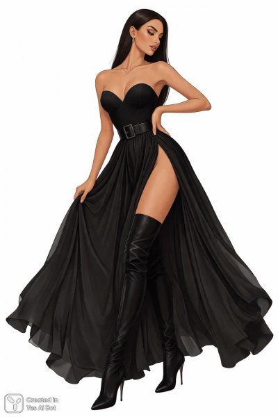 Изысканный образ в черном платье с разрезом и высокими сапогами. Картинка из нейросети Sora