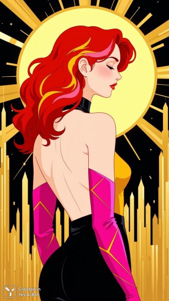 Яркая красотка в стиле ар-деко с огненными волосами и золотым сиянием. Нейросеть Flux