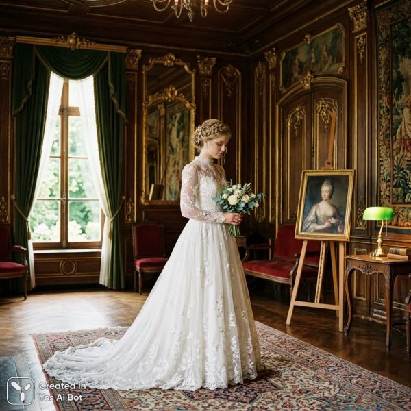 Свадебная элегия в старинном поместье: ожидание и тихая красота. Картинка из нейронной сети Nano Banana