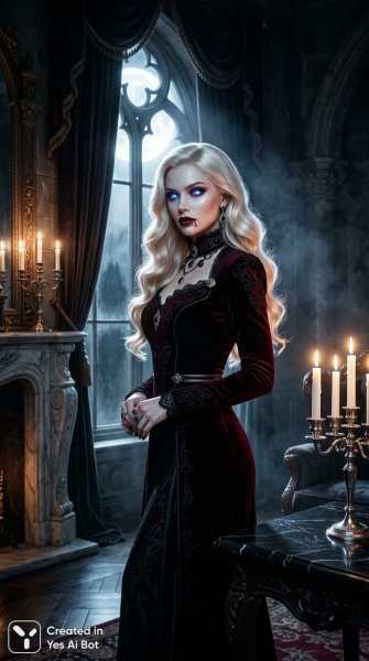 Блондинка вампирша: роскошь, готика и пленительный взгляд в лунном свете. Генерация из нейросети Нано Банана