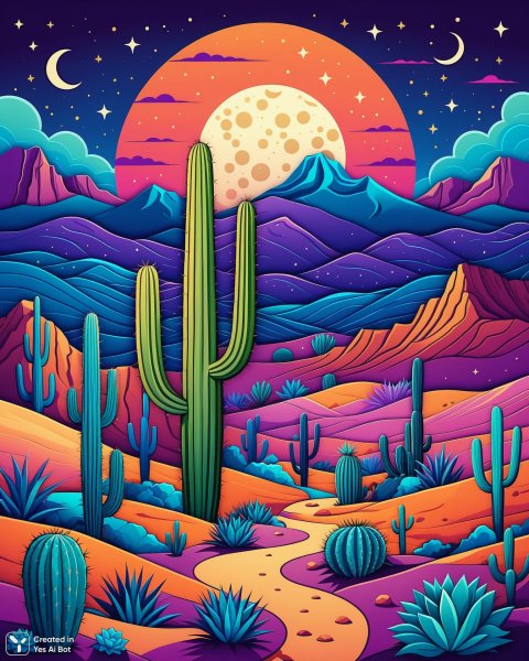 Пустынный пейзаж под звездным небом в стиле мультфильма. Генерация из нейронной сети Stable Diffusion
