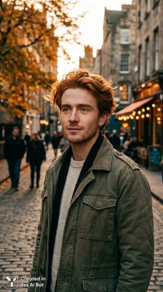 Осенний портрет задумчивого молодого человека с рыжими волосами и загадочной улыбкой. Генерация из нейронной сети Nano Banana