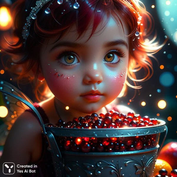 Сказка о фее и волшебных гранатовых зернах в лучах утренней росы. Генерация из нейросети Stable Diffusion