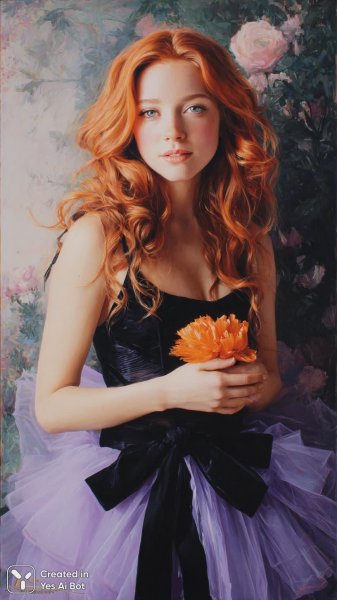 Очаровательная девушка с огненными волосами и нежным цветком в руках. Генерация из нейросети Midjourney