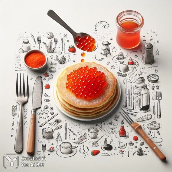 Яркое меню с аппетитными блинами и игривыми деталями. Генерация из нейронной сети Dalle