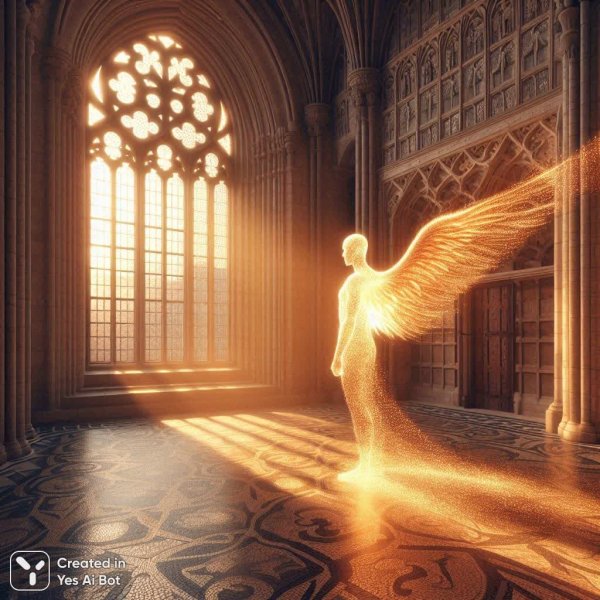 Загадочный незнакомец в средневековой галерее: крылья света и вечерний закат. Изображение из нейронной сети Dalle 3