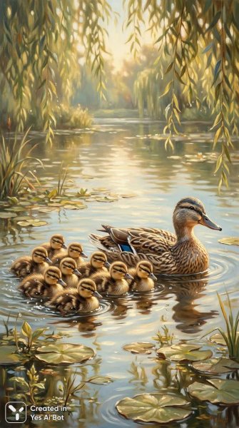Семейная идиллия на тихом озере: утки в золотом свете. Нейронная сеть Нано Банана