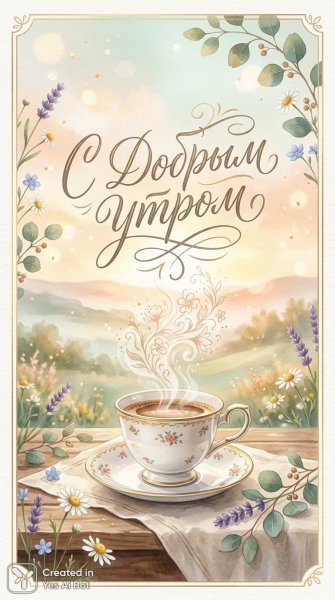 Доброе утро в нежных тонах: утонченная открытка с каллиграфией и кофе. Нейронная сеть NanoBanana