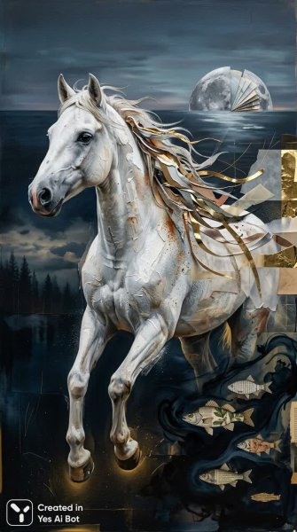 Белый конь в океане: сюрреалистичная картина памяти и одиночества. Изображение из нейросети Нано Банана
