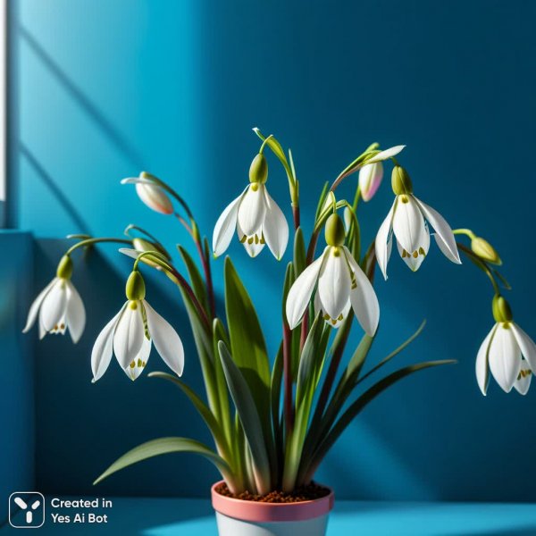 Белоснежные подснежники в розовой конусе на голубом фоне. Генерация из нейронной сети Stable Diffusion