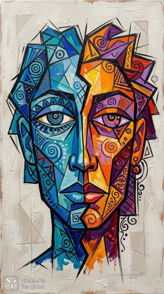 Лицо в стиле кубизма: сине-оранжевый контраст и графические узоры. Картинка из нейронной сети Nano-Banana