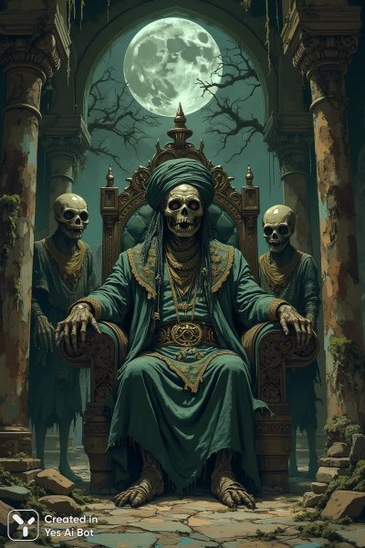 Мертвый султан в темном зале восточного дворца: мрачная фантазия. Генерация из нейросети Flux.1