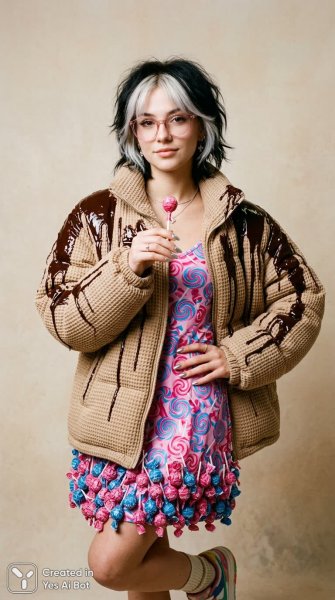 Стильная мода: яркий образ с шоколадной курткой и леденцовым платьем. Нейронная сеть Nano-Banana