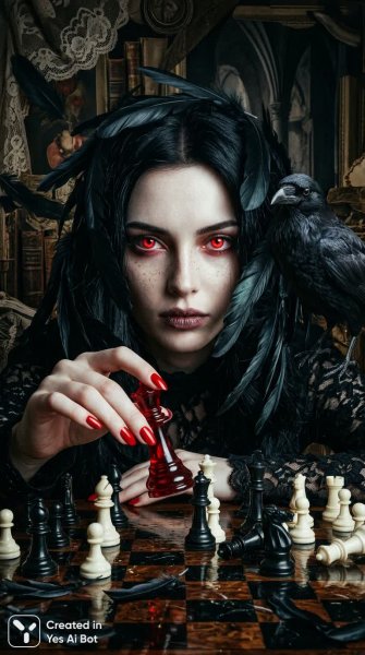 Вампирша и шахматная партия: завораживающий сюрреализм в черно-белых тонах с алыми акцентами. Генерация из нейросети Нано Банана