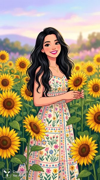 Девушка в поле подсолнухов: яркий образ и летнее настроение. Картинка из нейросети Nano Banana
