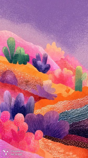 Яркий абстрактный пейзаж: кактус и суккуленты в геометрическом этнике. Нейросеть Миджорни