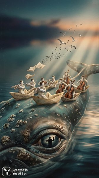 Спящий кит и оркестр бумажных кораблей в сумеречном пейзаже. Нейронная сеть NanoBanana