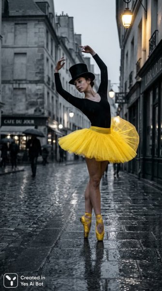 Балерина в сером городе: одиночество и яркий контраст под дождем. Изображение из нейросети Nano-Banana