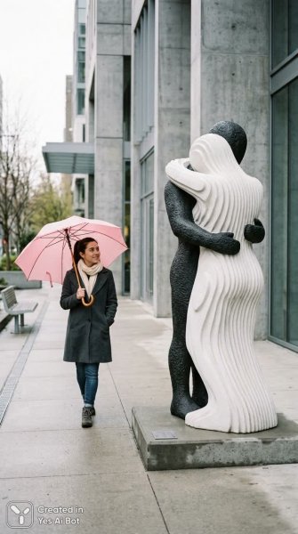 Скульптура объятий на тротуаре: современная встреча двух культур. Генерация из нейросети NanoBanana