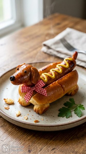 Сосиска-такса: аппетитный кулинарный шедевр в стиле гиперреализма. Генерация из нейронной сети Нано Банана