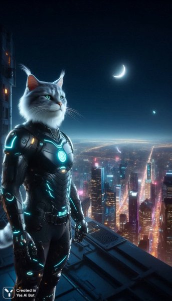 Мудрый кот-киберпанк на крыше города. Нейронная сеть Dalle