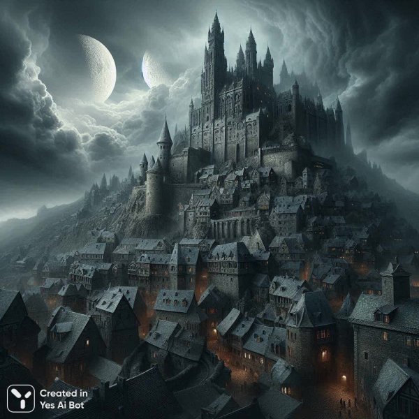 Замок над городом: мрачная сказка о двух лунах и древних тайнах. Картинка из нейросети Далли 3