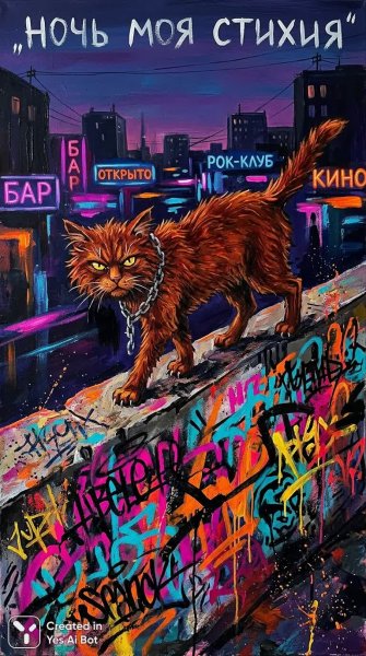 Ночной кот в закоулках города: яркий экспрессионизм и русская ночь. Картинка из нейросети NanoBanana